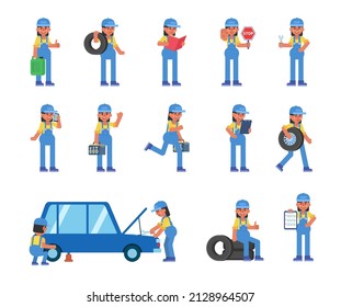 Set of woman auto mechanic characters in various situations. Auto mechanic repairing car, changing tires, talking on phone and other actions. Modern vector illustration