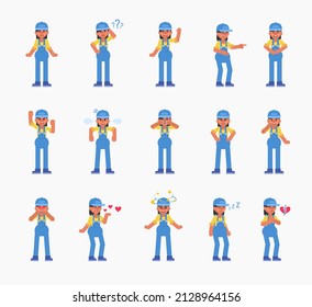 Set of woman auto mechanic, worker or courier characters showing various emotions. Modern vector illustration