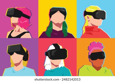 Conjunto de retrato de personaje avatar de mujer usando auriculares de realidad virtual. Fondo aislado. Luz de neón. Ilustración vectorial plana.