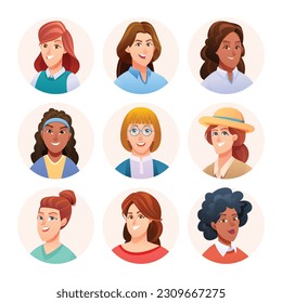 Set of woman avatar characters. Female avatars in cartoon style