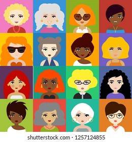 Set of Woman Avatar Icons in Flat Style. Fashionable Female Portraits for Social Network or Media.