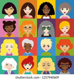 Set of Woman Avatar Icons in Flat Style. Fashionable Female Portraits for Social Network or Media.