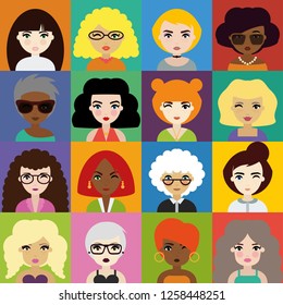 Set of Woman Avatar Icons in Flat Style. Fashionable Female Portraits for Social Network or Media.