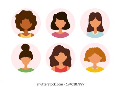 Set of woman avatar profile icon. Collection of portraits of people. Vector illustration in cartoon style.