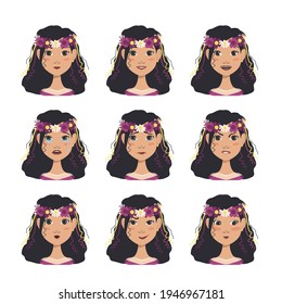 A set of woman avatars with different emotions. Girl with spring or summer flowers and a wreath in black hair. Human face with a smile or tears. Vector illustration
