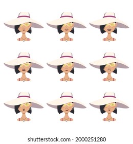 A set of woman avatars with different emotions, black hair, short hairstyle, face, glasses and a summer hat. Human face with a smile or tears, fashionable girl on the beach
