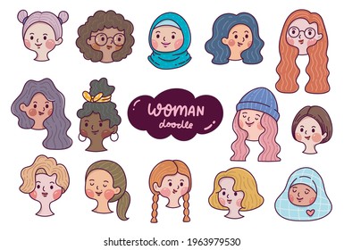 Set of woman avatars, hand drawn diverse faces in cartoon doodle style