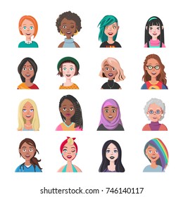 Set of Woman Avatars. Sixteen Characters from Different Subcultures and Social Strata. Beautiful women. Diversity of Cultures. Vector Illustration.