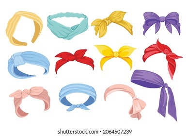 Set of Woman Bandana, Hair Bands and Scarves. Colorful Retro Headband for Hairstyle. Isolated Hair Dressing, Knotted Vintage Accessories, Feminine Textile Silk Headwear. Cartoon Vector Illustration