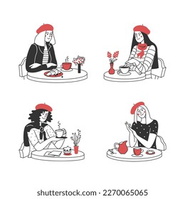 Set of a woman in a beret drinking coffee or tea in a cafe. France Paris. Vector flat line illustration