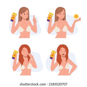 Set of Woman in bikini showing sun protection product.sunblock,sunscreen.