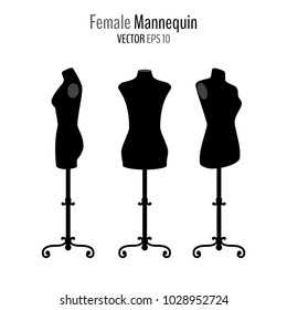 Set of woman body black mannequins isolated on white background. Front and side mannequins on floor stands. Vector illustration for your graphic design.