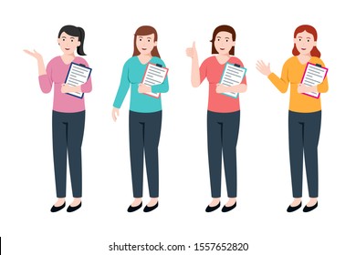 Set of woman bring document with different character