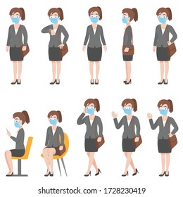 Set of woman in business casual outfits in New normal life wearing a surgical protective Medical mask and goggles for prevent coronavirus. character pose front side cartoon, Health care.