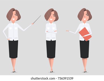 A set of a woman in business clothes in different poses. Vector illustration in cartoon style