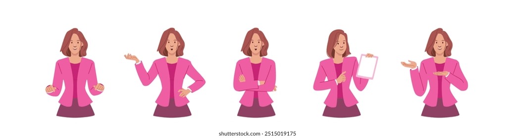 Conjunto de mulheres com negócios e roupas formais, postura de caráter e reação, isolado em fundo branco. Ilustração de vetor de desenho animado plano.