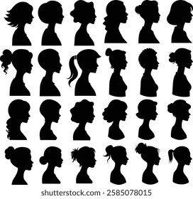 Set of woman cameo silhouette. female head and hair black illustration with body. Cameo art for jewelry, coins, or decorative designs.