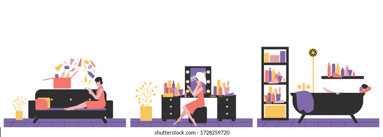 A set of woman care for herself. A woman makes an order for cosmetics from in an online store. Personal care near the mirror. Apply cream to face. A woman is taking a bath. Flat vector illustration.