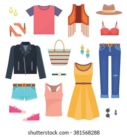 Set of woman casual clothes capsule wardrobe - create your own outfit. Simple flat vector illustration 