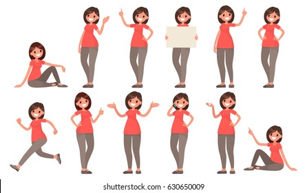 Set Of A Woman In Casual Clothes In Different Poses. A Character For Your Project. Vector Illustration In A Flat Style