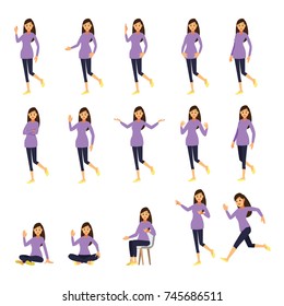 Set of a woman in casual clothes in different poses. character design.