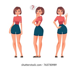 Set of a woman in casual clothes in different poses with a variety of emotions. A character for your project. Vector illustration in a flat style.