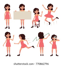 Set of a woman in casual clothes in different poses. A character for your project. Vector illustration in a flat style.