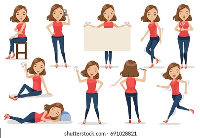 Conjunto de caricaturas femeninas, con ropa casual en diferentes poses. Stand, sit, run, walk, leep, leep, salto, write, talk, phone, waved, Feminine Concept Vector ilustración Aislada en el fondo blanco 
