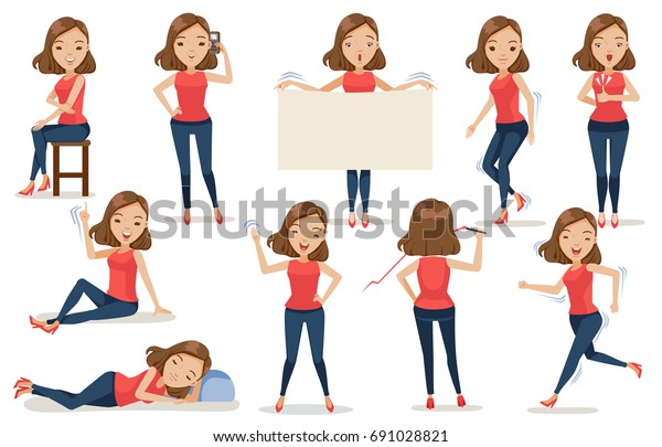 白い背景に女性のコンセプトベクターイラスト 立ち上がり 座る 走る 歩く 寝る ジャンプ 書く 話す 電話する 手を振る さまざまなポーズ のカジュアルな服で描かれた女性キャラクター漫画 のベクター画像素材 ロイヤリティフリー