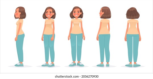 Set of woman character in casual clothes. Happy girl view from different sides, front, side, back. Vector illustration in cartoon style