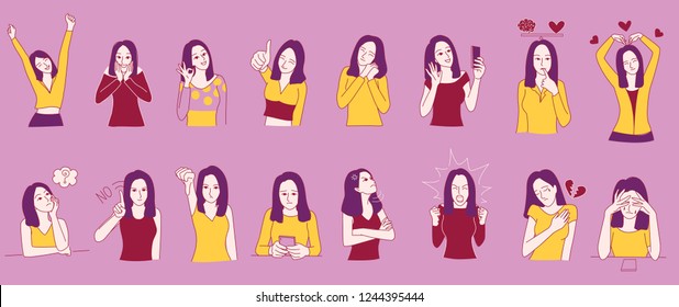 Set of woman character in deferent emotions. Borderline Personality Disorder, emotion controlling concepts. For illustration,presentation,story telling and web element.