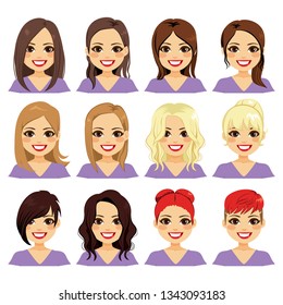 Set of woman character with different color hair and hairstyle