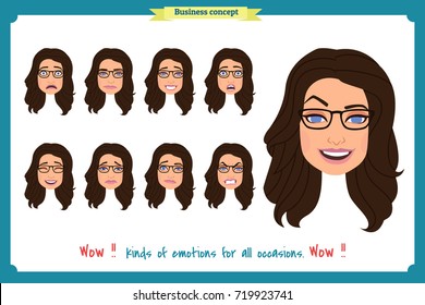 Set of woman character expression isolated.Young housewife emotion portraits.Isolated on white.Cute brunette emotional female head illustration. Vector face girl,angry,cry, sad, smiling. Businesswoman