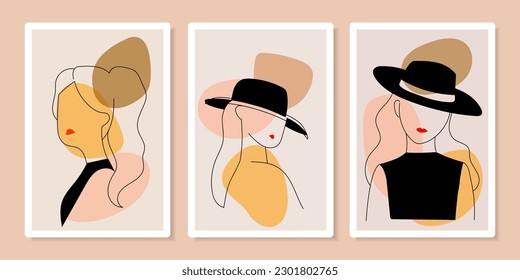 Set of woman character with lines and shape simple hand drawn vector illustration wall art.