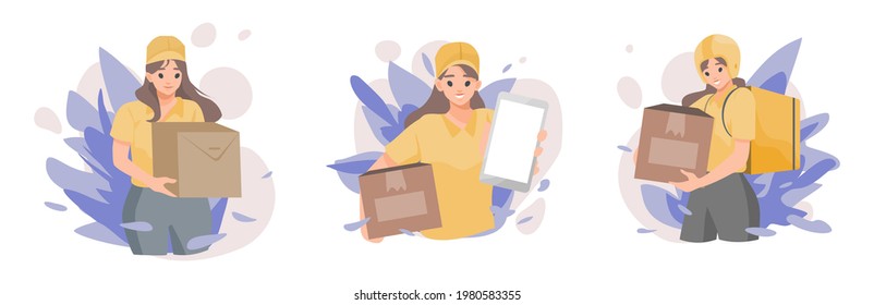 Set of woman character showing smart phone with a parcel box delivery to home and office concept of online shopping Flat vector cute cartoon illustration