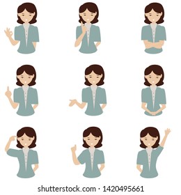 set of woman character, various pose and expression, Vector illustration