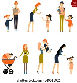 Set of woman with child. Mother with baby and pram