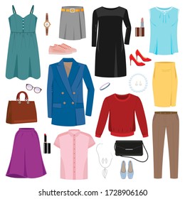 Set of woman clothes and accessories. 
Vector illustration.