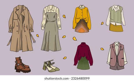 Set of woman clothes and accessories. Set of women s autumn image. Trendy modern design for banners of clothing and footwear stores. Fashion accessories for girls