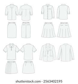 Set of woman clothes, fashion, office, uniform, technical fashion illustration, blazer, skirt, shirt, apparel front and back template mockup design