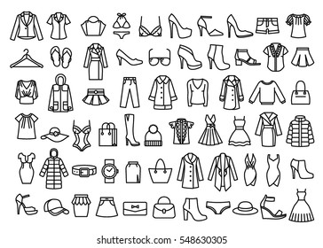 Set of woman clothes icons, thin line style.