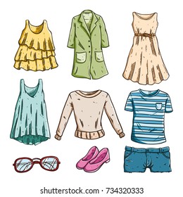 set of woman clothing and accessory with colored sketch or hand drawn style