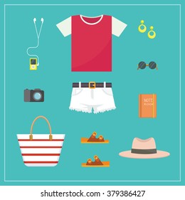 Set of woman clothing for beach vacation and travel - flat vector illustration