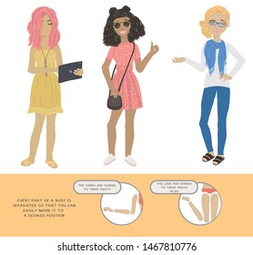 Set Of Woman Clothing. Set of beautiful cute fashion girls on white background. Cartoon fashionable girls. Cartoon character.