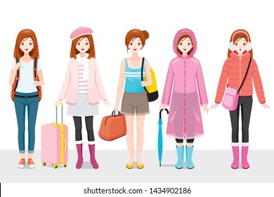 Set Of Woman Clothing Wearing In Different Seasons, Voyage, Vacationing