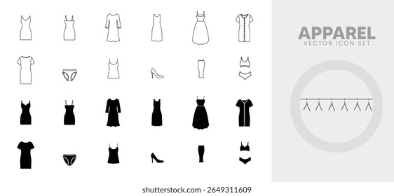 set of woman cloths outline icon vector on white isolated