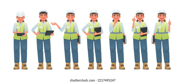 Set of woman construction engineer character in hard hat and signal vest. Architect or safety engineer in different activities. Vector illustration in cartoon style