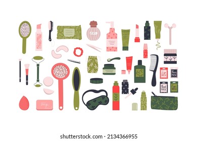 Set of woman cosmetics on a white background. Skin, face, lip, eye, hair, hand care accessories. Different beauty and wellness products. Vector flat illustration