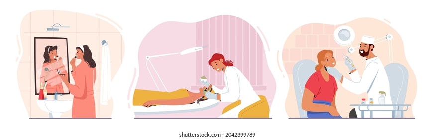 Set Woman Cosmetology Procedures. Female Characters Applying Mask, Beauty Injection and Makeup. Aesthetic Cosmetology, Doctor and Patient Skin Care Salon Procedures. Cartoon People Vector Illustration