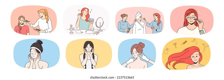 Set of woman daily facial skincare routine procedures. Bundle of female enjoy spa and cosmetology treatment. Beauty and skin care concept. Beautician and makeup. Vector illustration. 